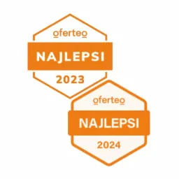 Dwa pomarańczowe emblematy Oferteo 'Najlepsi' na rok 2023 i 2024, ułożone kaskadowo.