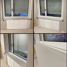 Montaż okien PVC w kolorze białym oraz parapetów wewnętrznych MDF w okleinie Crystal.