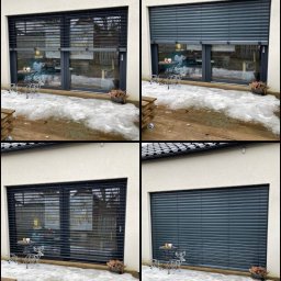 Serwis żaluzji fasadowej elektrycznej z silnikiem sterowanym radiowo obejmujący regulację położeń krańcowych oraz czyszczenie i konserwację prowadnic.