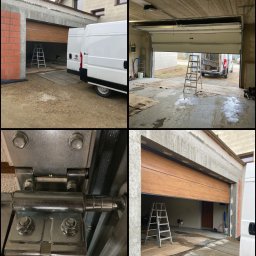 Serwis segmentowej bramy garażowej obejmujący poprawę ustawienia bramy względem otworu, regulację położeń krańcowych oraz czyszczenie i konserwację uszczelek.