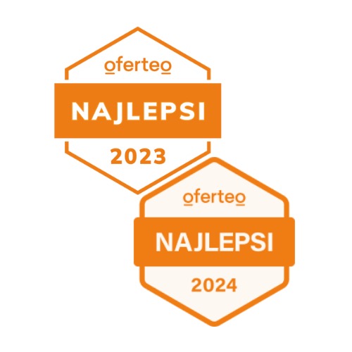 Dwa pomarańczowe emblematy Oferteo 'Najlepsi' na rok 2023 i 2024, ułożone kaskadowo.