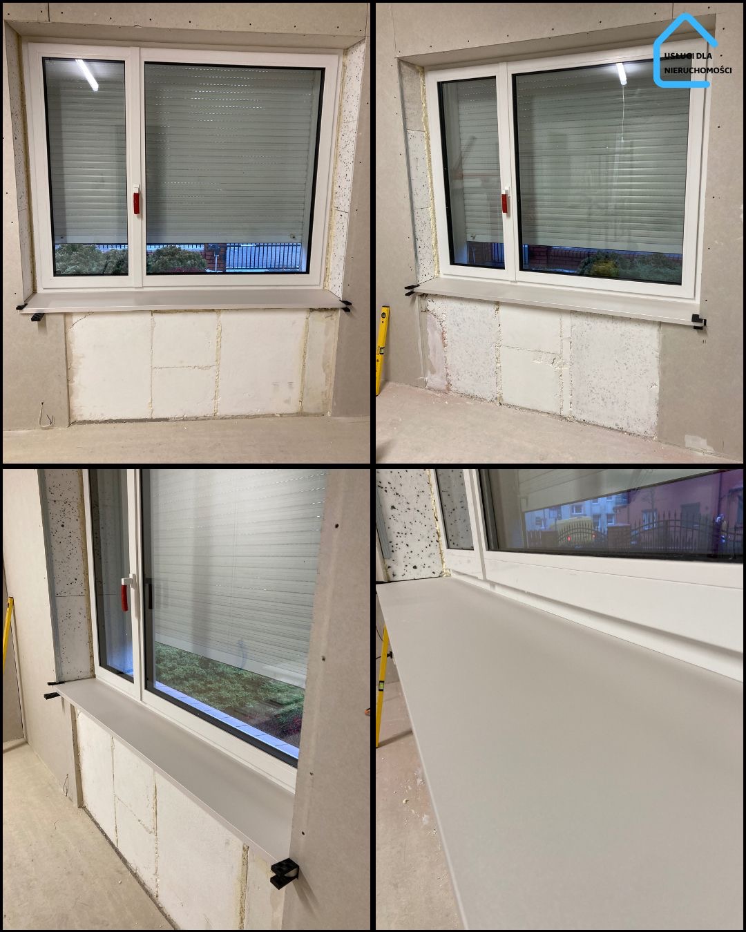 Montaż okien PVC w kolorze białym oraz parapetów wewnętrznych MDF w okleinie Crystal.