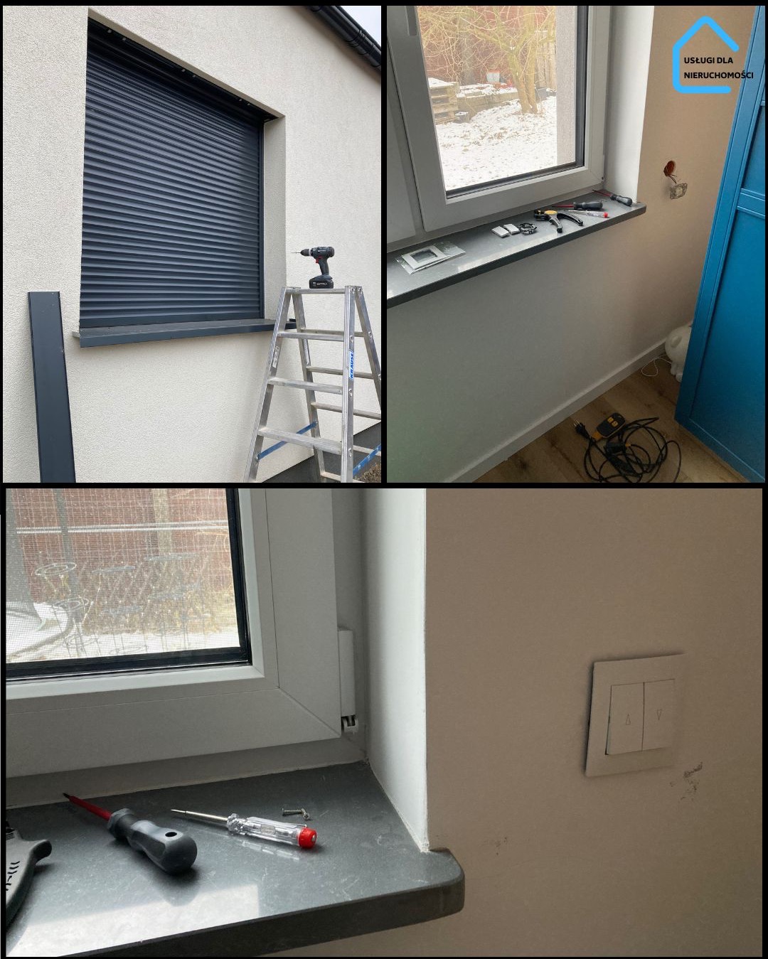 Montaż rolety zewnętrznej w Poznaniu: widok z zewnątrz na zamontowaną roletę, drabina z wkrętarką, detale montażu wewnątrz, włącznik rolety. Prace instalacyjne.