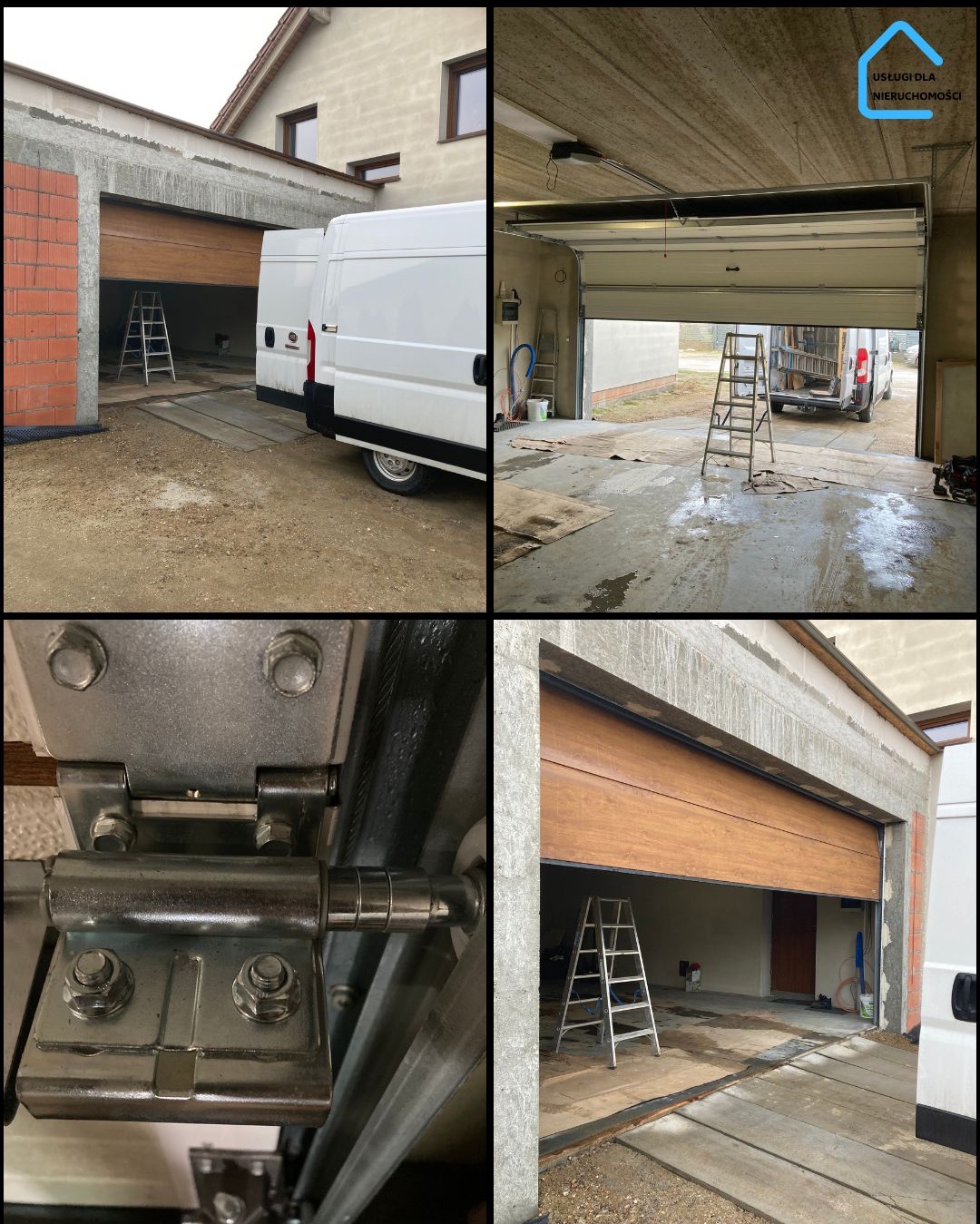 Segmentowa brama garażowa w trakcie serwisu: drabina, otwarty garaż, detale mechanizmu. Widoczny samochód dostawczy. Ujęcie z różnych perspektyw.