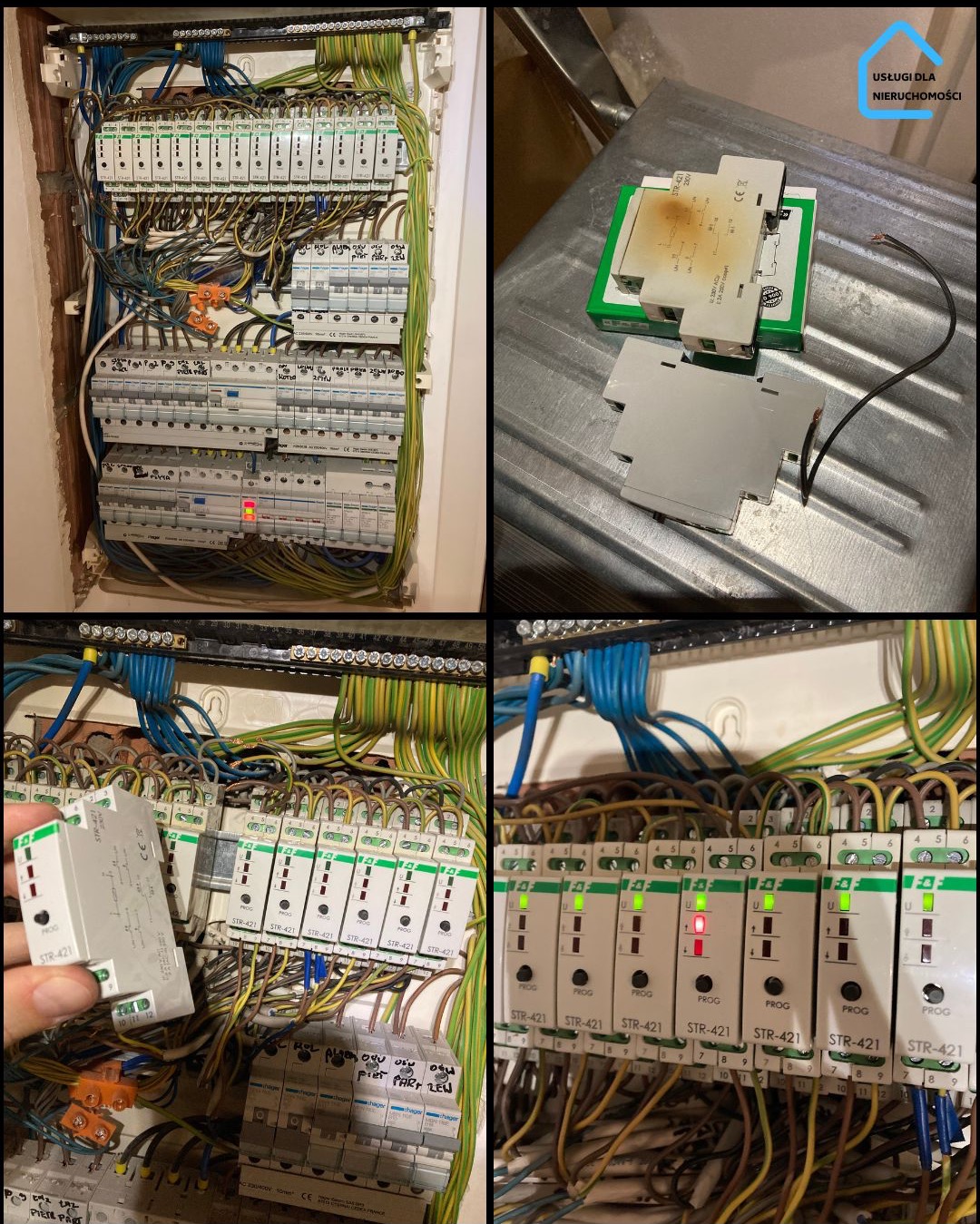Rozdzielnica z zamontowanymi sterownikami F&F STR-421, widoczne okablowanie i elementy elektryczne. Jeden sterownik trzymany w dłoni. Zielone diody sygnalizacyjne.