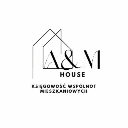 Logo firmy A&M House z motywem graficznym domu i tekstem 'Księgowość Wspólnot Mieszkaniowych'.