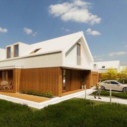 ROLKA - Pracownia Architektury - Wizualizacja nowoczesnego domu z drewnianą elewacją, białym dachem i poddaszem z lukarnami; kobieta idzie wzdłuż podjazdu obok zaparkowanego samochodu.