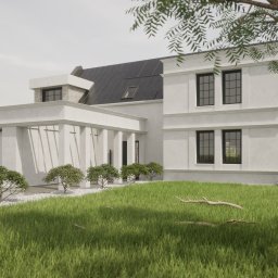 ROLKA - Pracownia Architektury - Wizualizacja dwukondygnacyjnego domu murowanego z garażem, czarnym dachem i minimalistycznym ogrodem z trawnikiem i niskimi krzewami.