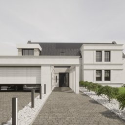 ROLKA - Pracownia Architektury - Nowoczesny, dwukondygnacyjny dom z płaskim dachem i garażem na dwa samochody, wykończony w jasnej kolorystyce, z brukowanym podjazdem i minimalistyczną architekturą krajobrazu z białymi kamieniami...