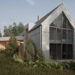 Wizualizacja nowoczesnego domu z dużymi oknami, otoczonego zielenią, z widocznym detalem drewnianego wykończenia elewacji i minimalistycznym designem.