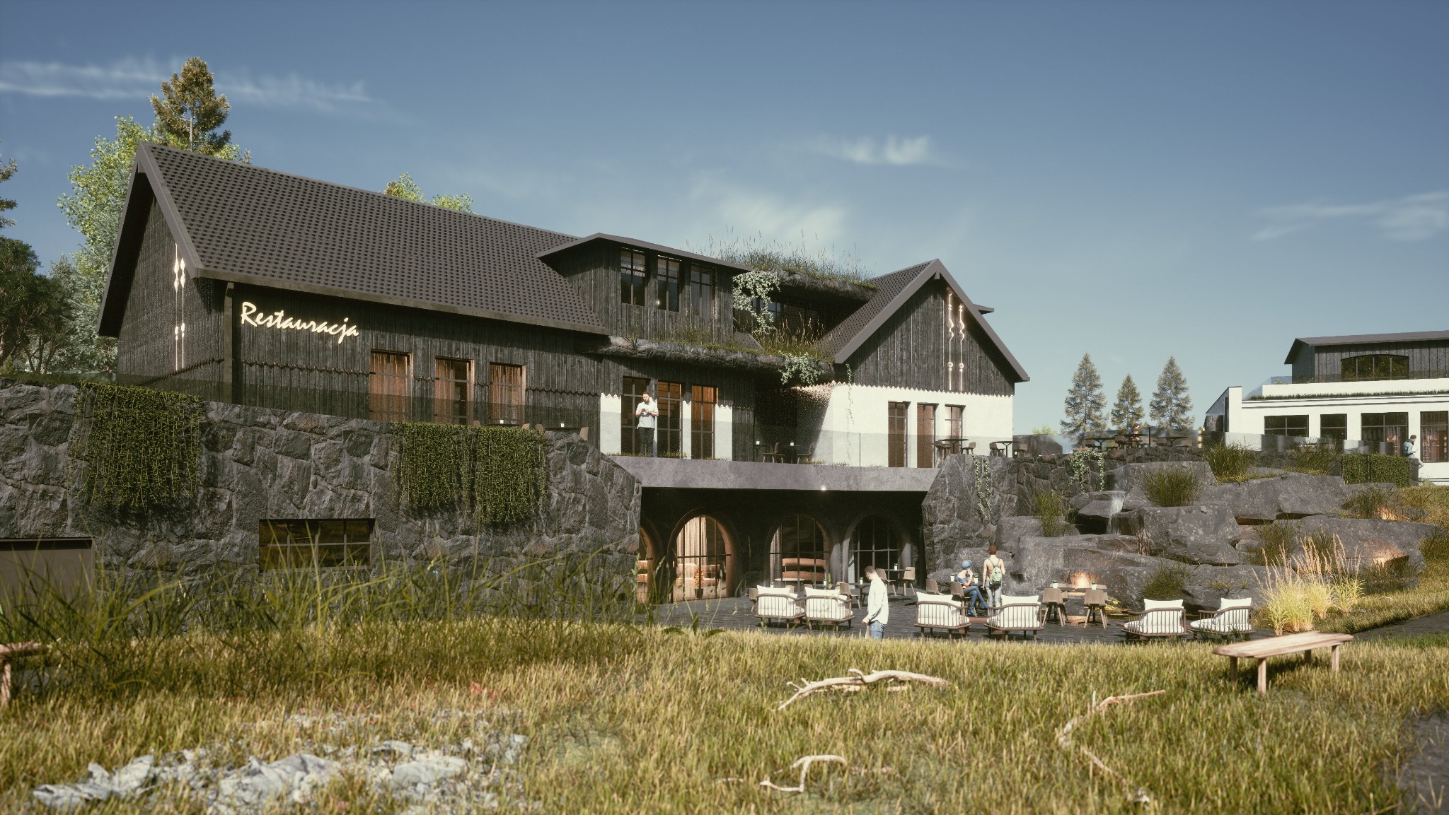 budynek hotelowy, recepcja, restauracja, strefa rozrywki