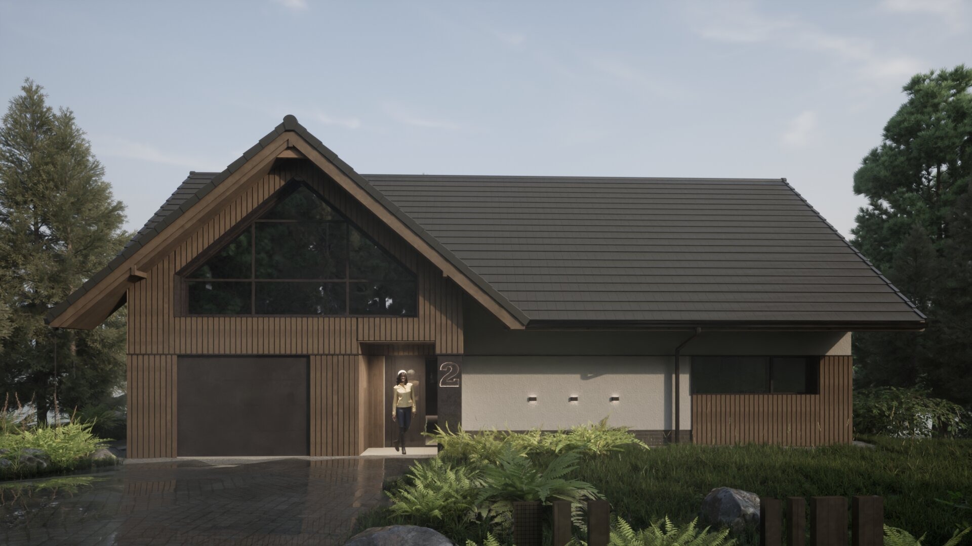 Wizualizacja domu jednorodzinnego z garażem i dużym oknem trójkątnym, elewacja z drewnianych paneli, kobieta w jasnej kurtce wchodzi do domu.