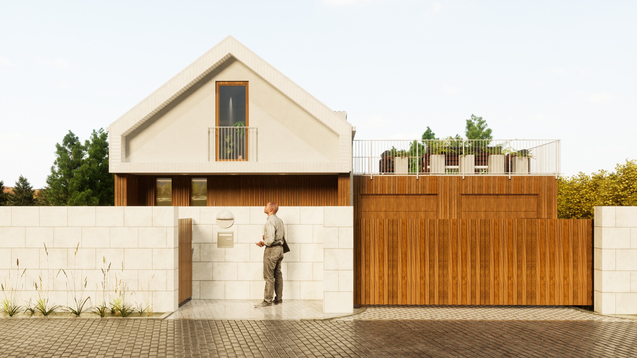 Nowoczesny dom jednorodzinny z płaskim dachem i drewnianą elewacją, mężczyzna w casualowym stroju przy skrzynce pocztowej, widoczny fragment brukowanego podjazdu i roślinność.