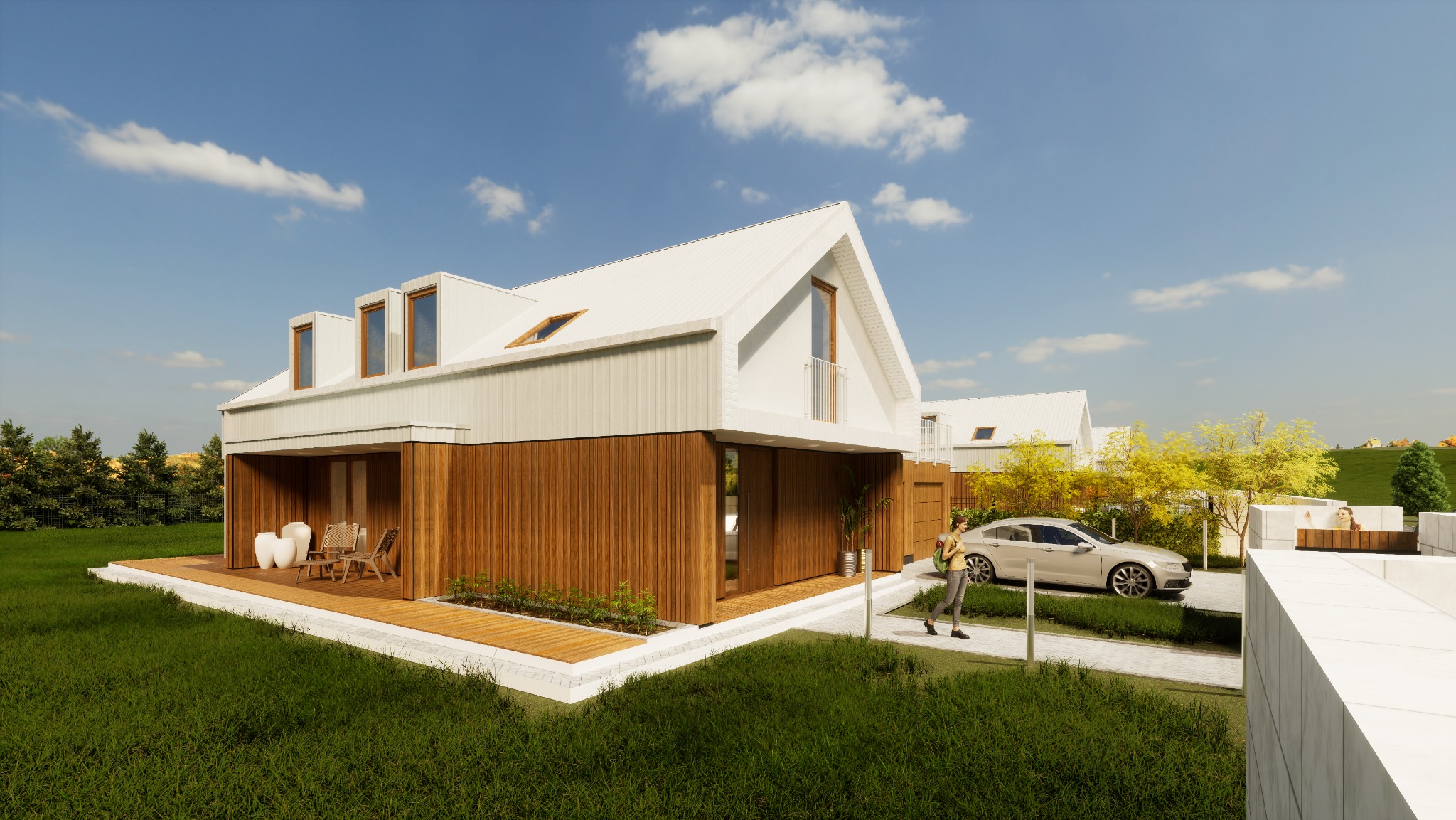 Wizualizacja nowoczesnego domu z drewnianą elewacją, białym dachem i poddaszem z lukarnami; kobieta idzie wzdłuż podjazdu obok zaparkowanego samochodu.