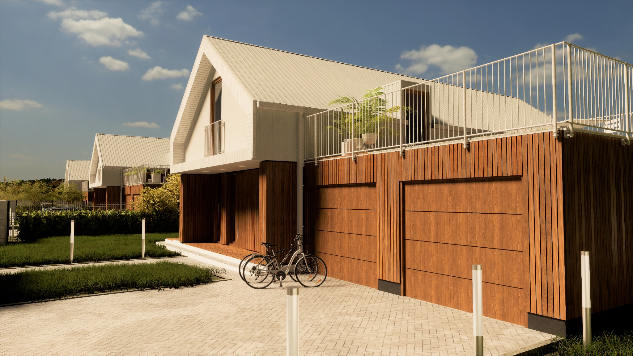 Wizualizacja szeregu nowoczesnych domów jednorodzinnych z drewnianą elewacją, płaskim dachem i balkonem z roślinami, rowery zaparkowane przed garażem.