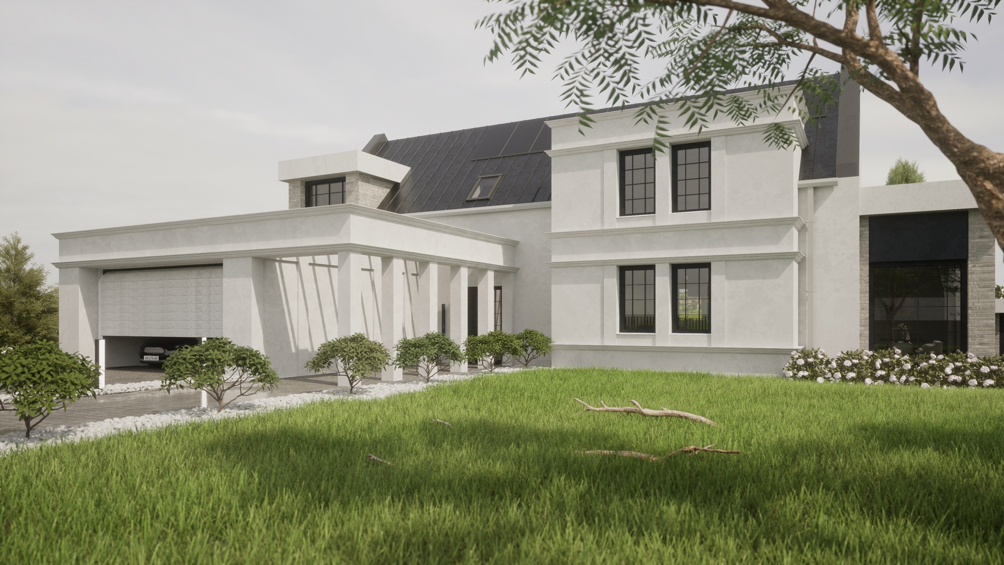 Wizualizacja dwukondygnacyjnego domu murowanego z garażem, czarnym dachem i minimalistycznym ogrodem z trawnikiem i niskimi krzewami.