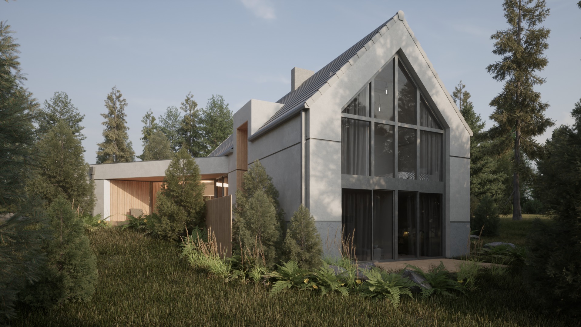 Wizualizacja nowoczesnego domu z dużymi oknami, otoczonego zielenią, z widocznym detalem drewnianego wykończenia elewacji i minimalistycznym designem.