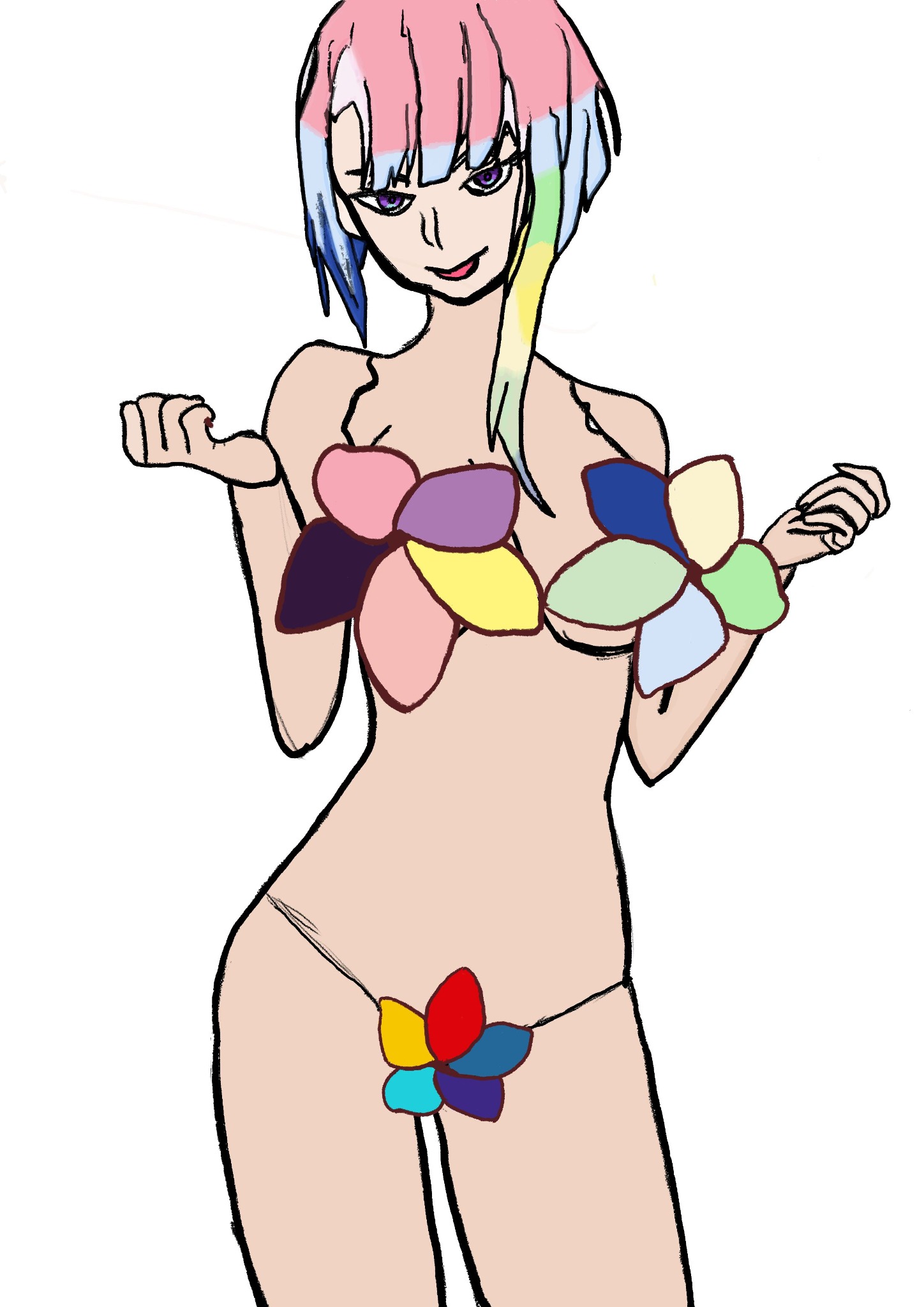 Ilustracja kobiety z tęczowymi włosami i kwiatami zakrywającymi ciało, w stylu inspirowanym cyberpunkiem. Pastelowe barwy i futurystyczny klimat.