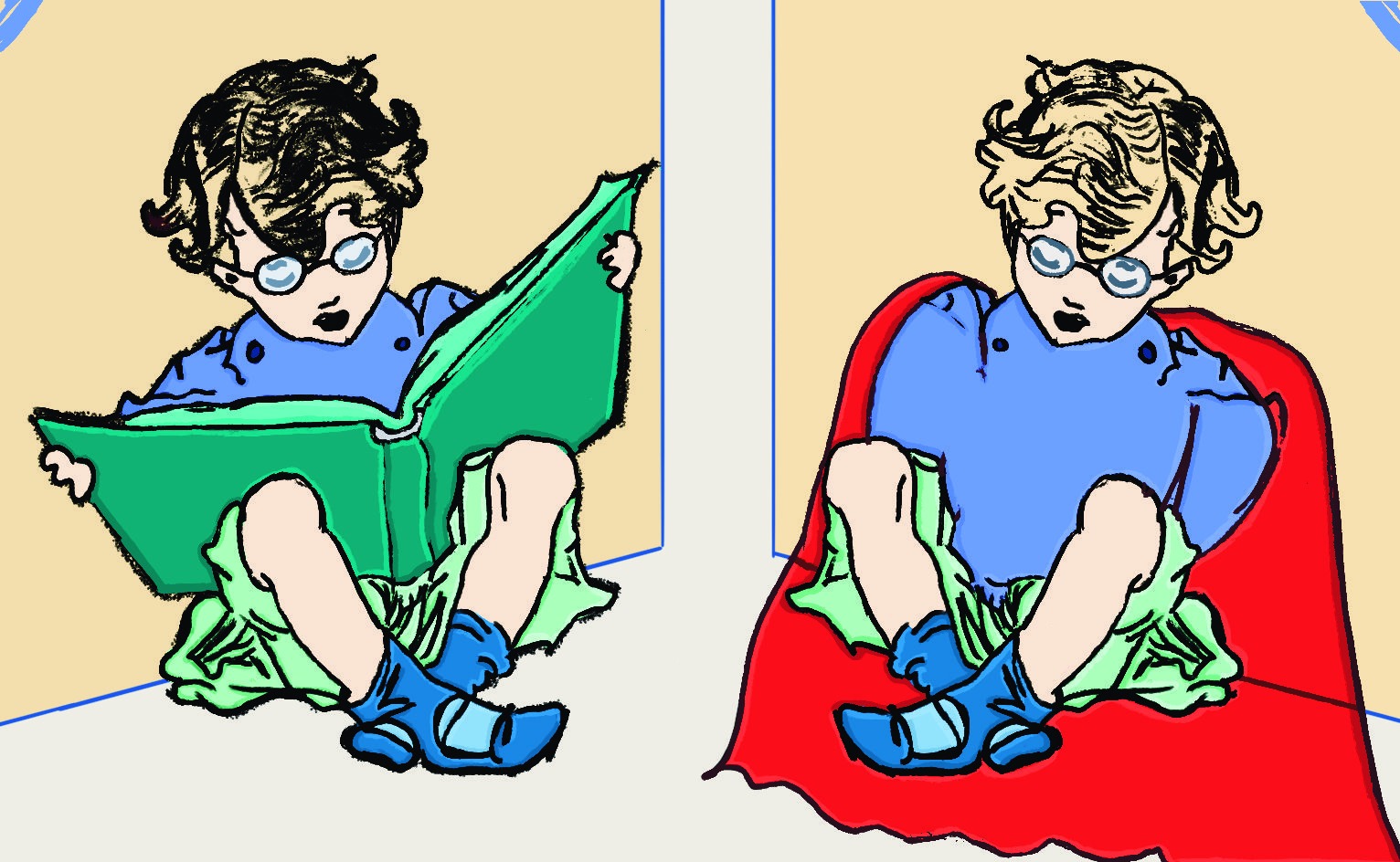 Ilustracja cyfrowa przedstawia chłopca w okularach, który czyta książkę, a następnie zamienia się w superbohatera w czerwonej pelerynie. Rysunek w stylu dziecięcym.