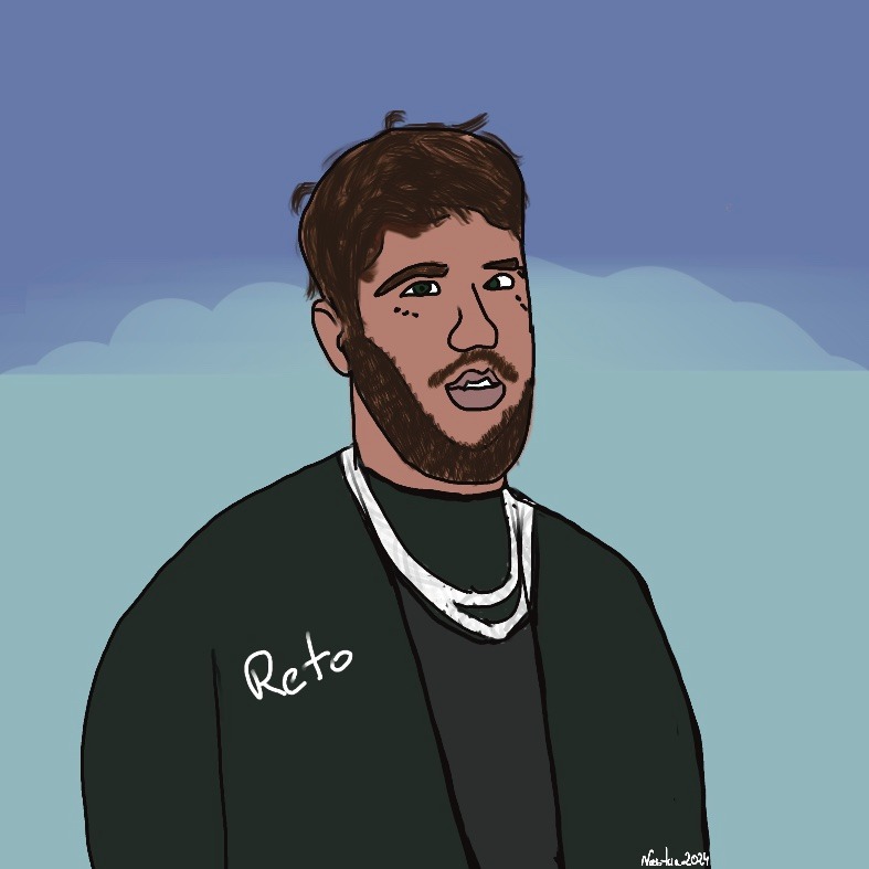 Ilustracja cyfrowa portretu mężczyzny z brodą, w stylu pop-art. Widoczny napis 'Reto' na ubraniu. Tło błękitne z subtelnymi chmurami.