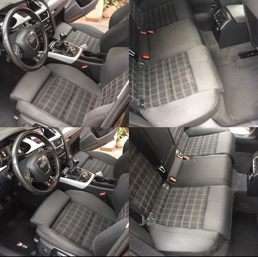 Wnętrze samochodu Audi A4 przed i po czyszczeniu tapicerki, widoczne różnice w czystości foteli i kanapy z charakterystycznym wzorem w kratę.