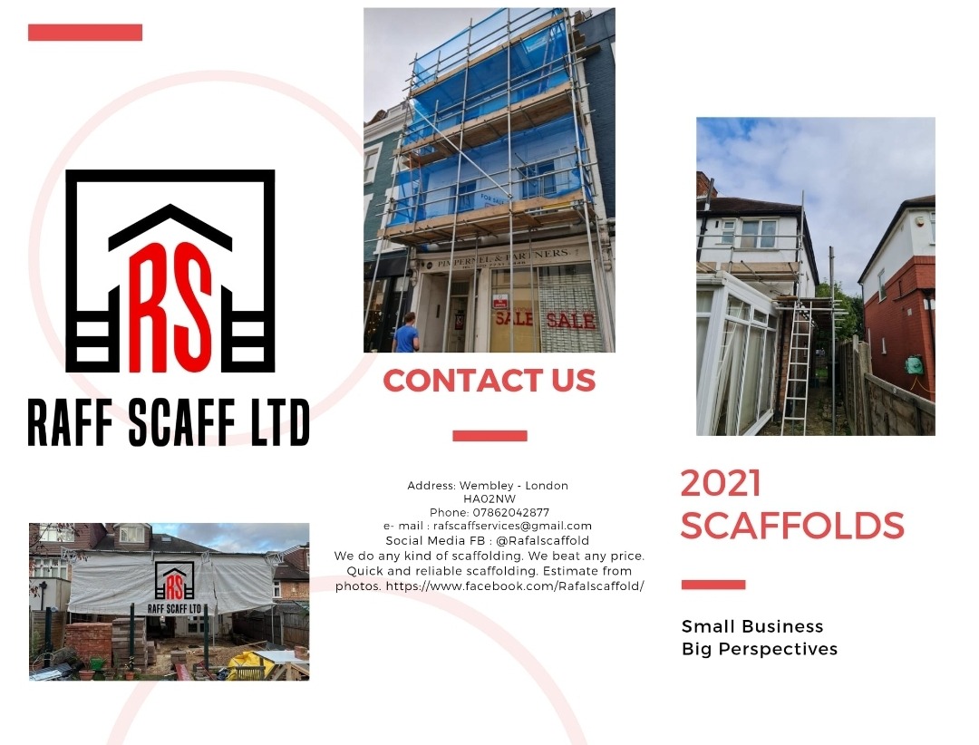 Ulotka reklamowa firmy RAFF SCAFF LTD, prezentująca zdjęcia budynków z zamontowanymi rusztowaniami, logo firmy oraz dane kontaktowe.