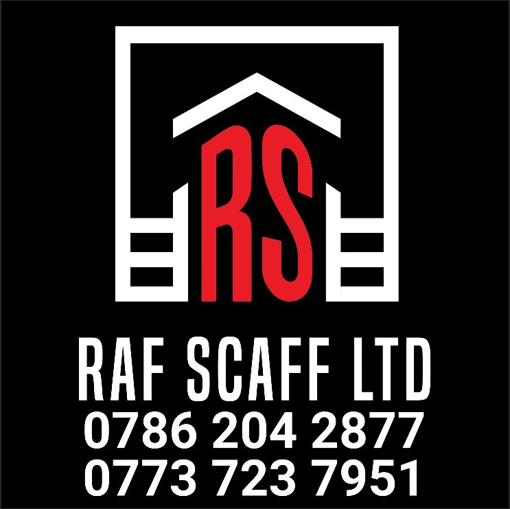 Logo firmy RAF SCAFF LTD z czerwonymi literami RS wewnątrz białej grafiki przedstawiającej fragment rusztowania i zarys dachu, poniżej białe numery telefonów na czarnym tle.
