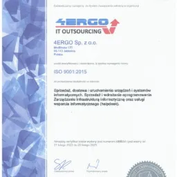 Skan certyfikatu ISO 9001:2015 firmy 4ERGO Sp. z o.o. z logo firmy i adresem, potwierdzający zgodność systemu zarządzania jakością w obszarze sprzedaży, dostawy, uruchomienia urządzeń i systemów...