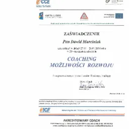 Skan zaświadczenia o ukończeniu 20-godzinnego szkolenia z coachingu możliwości rozwoju dla pana Dawida Marciniaka, przeprowadzonego przez Leader Business Institute, z podpisem trenera Anny...
