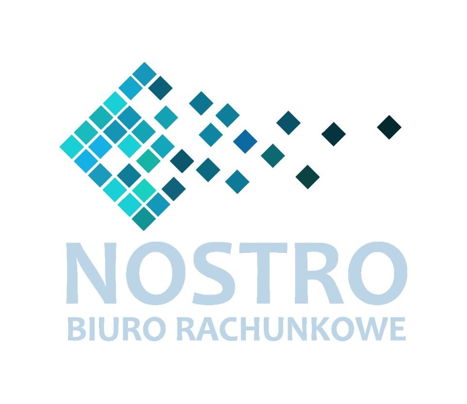 Logo biura rachunkowego NOSTRO z Poznania, przedstawiające stylizowany romb składający się z pikseli w odcieniach niebieskiego i turkusowego, przechodzący w szereg pojedynczych pikseli. Pod nim...