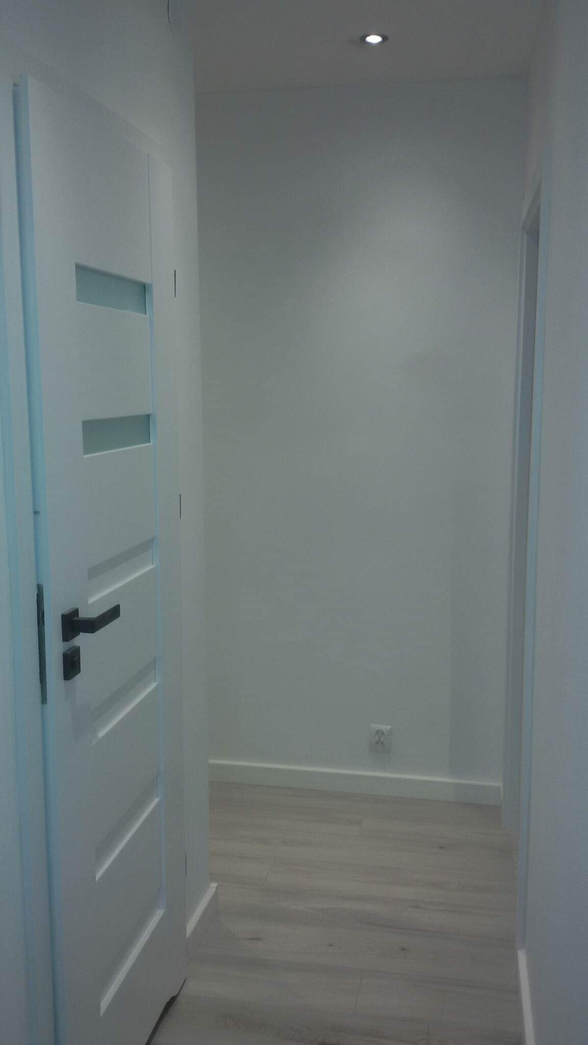 Nowoczesne wnętrze przedpokoju z białymi ścianami, panelami podłogowymi imitującymi drewno i białą, częściowo przeszkloną ościeżnicą drzwiową z czarną klamką