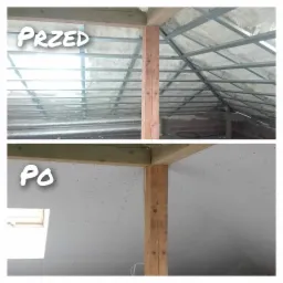 Porównanie stanu poddasza przed i po: izolacja natryskowa pianką PUR i montaż płyt kartonowo-gipsowych na metalowym ruszcie, widoczny drewniany słup konstrukcyjny.