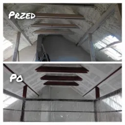 Poddasze przed i po ociepleniu pianką oraz montażu płyt karton-gips, widoczne drewniane elementy konstrukcyjne.
