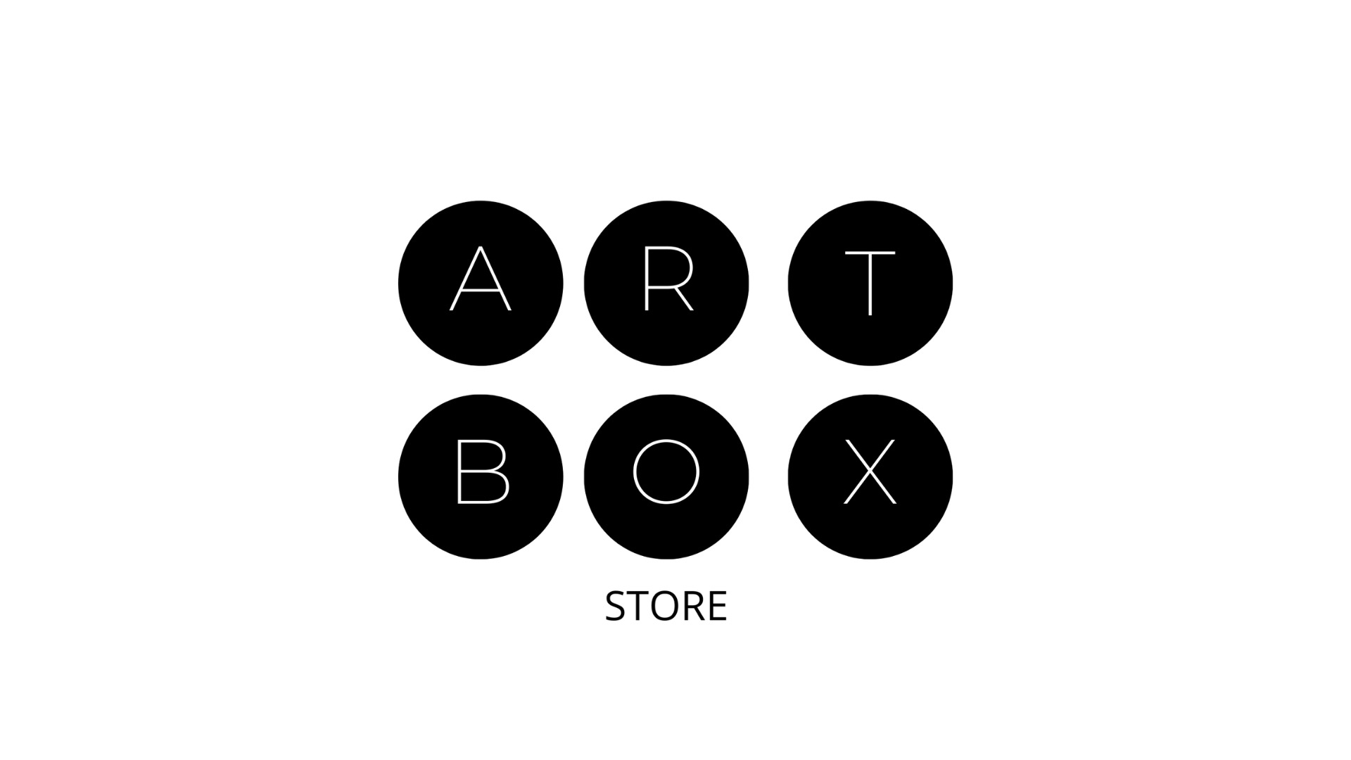Minimalistyczne logo Art Box Store z czarnymi okręgami i białymi literami na białym tle.