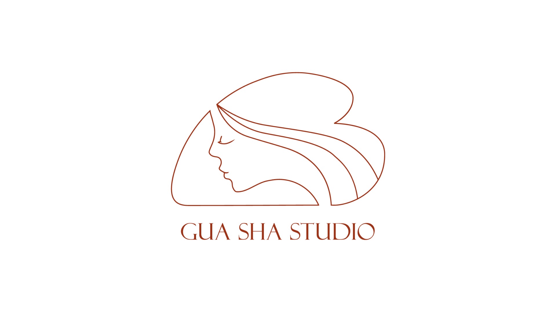 Minimalistyczne logo w kolorze brązowym przedstawiające profil kobiety z zamkniętymi oczami i uproszczonymi włosami, z napisem 'GUA SHA STUDIO' poniżej.