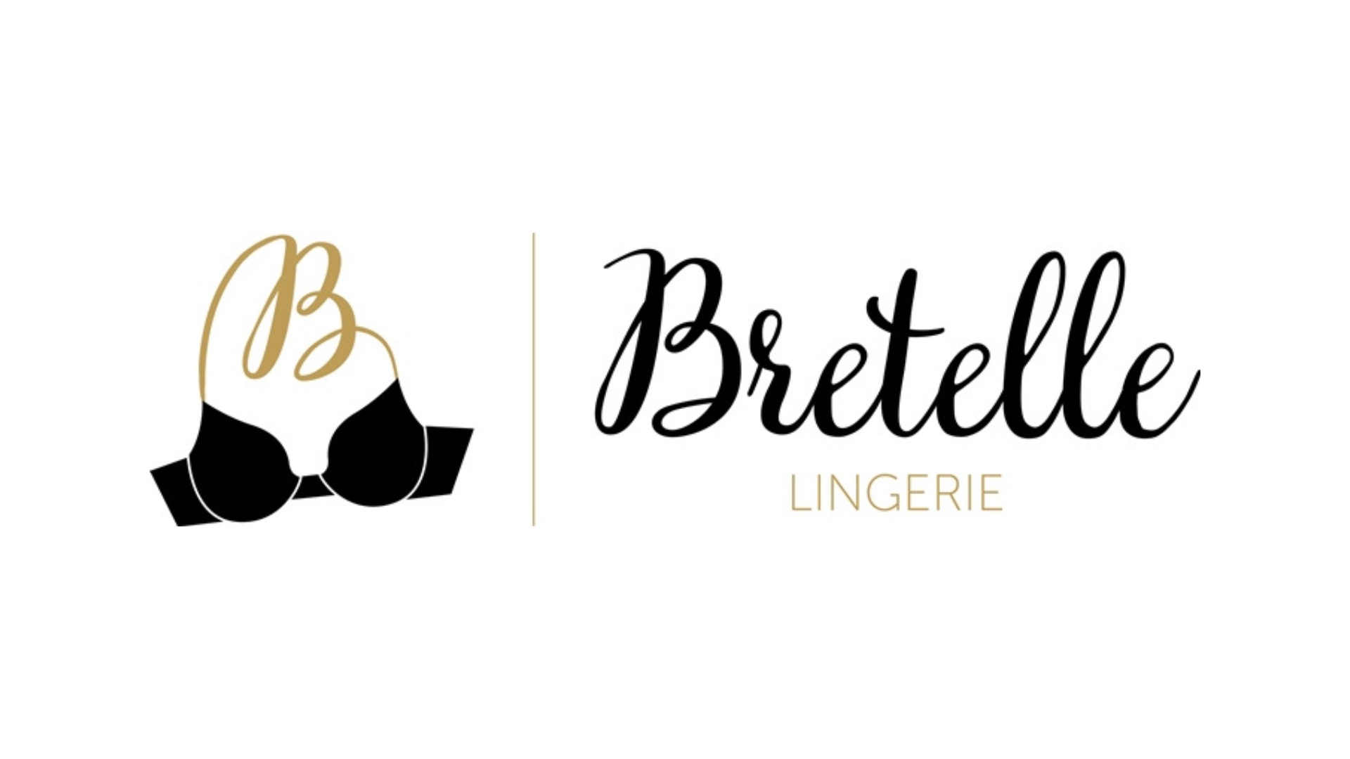 Eleganckie logo firmy bieliźnianej 'Bretelle': stylizowany biustonosz z literą 'B' w kolorze złotym, obok nazwa firmy napisaną ozdobną czcionką.