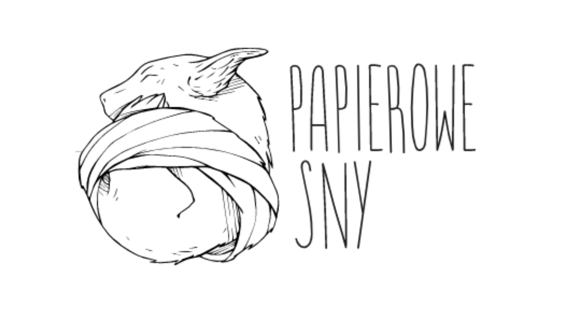 Szkic przedstawia zwiniętego w kłębek wilka obok napisu 'PAPIEROWE SNY' wykonanego prostymi, pionowymi liniami.