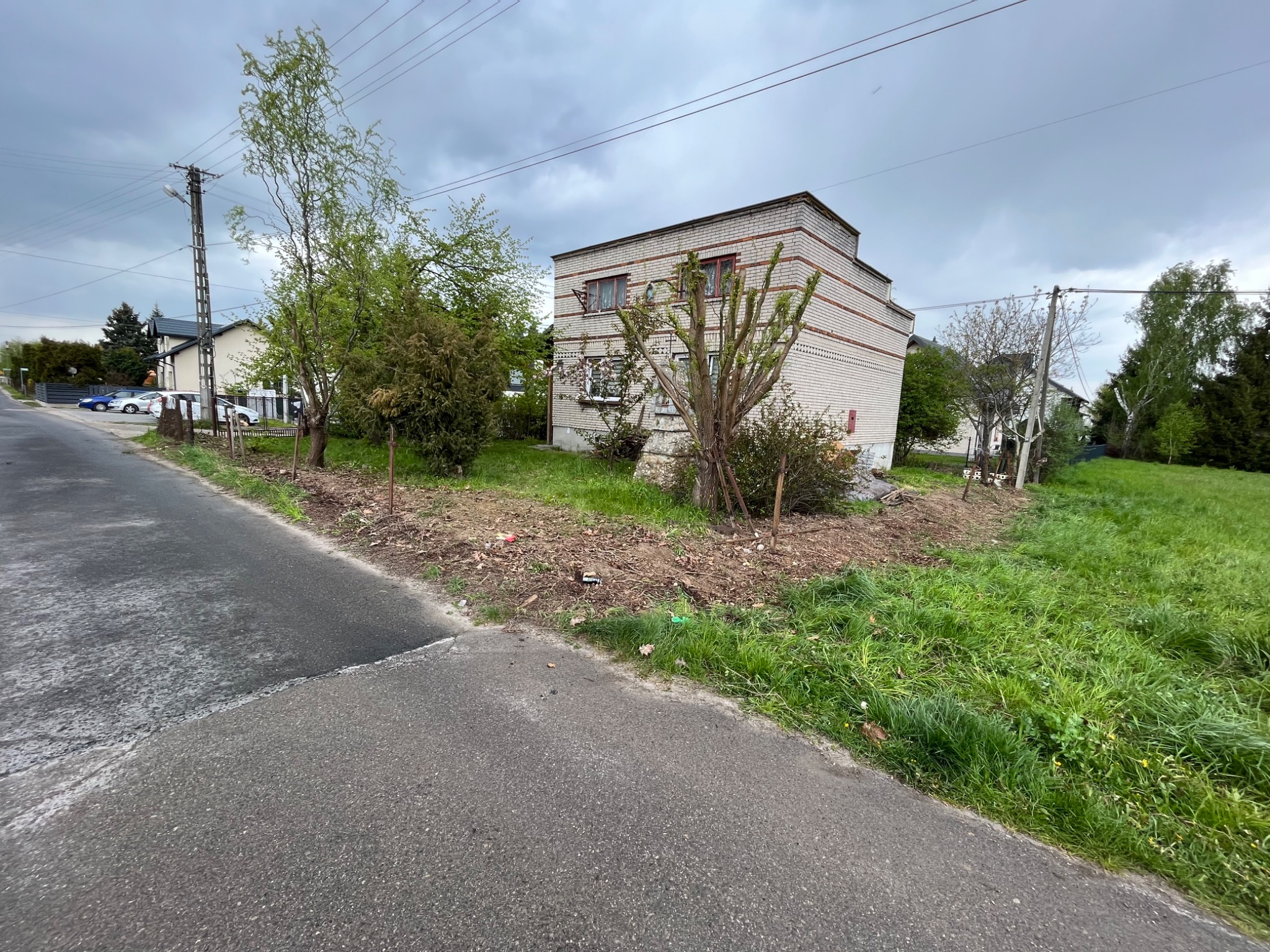 Działka przed domem z przyciętymi drzewami i krzewami, widoczne ślady po pracach ziemnych i resztki roślinne.
