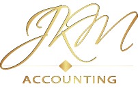 Złote logo firmy księgowej z inicjałami 'JKM' nad napisem 'ACCOUNTING' na białym tle.