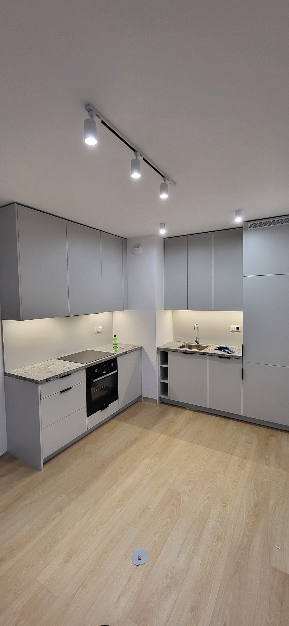 Jasnoszara, nowoczesna kuchnia z granitowymi blatami, oświetleniem punktowym i drewnianą podłogą.