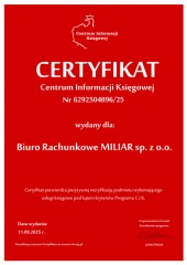 Certyfikat Centrum Informacji Księgowej dla Biura Rachunkowego MILIAR sp. z o.o. na czerwonym tle. Numer certyfikatu 6292504896/25, data wydania 11.09.2015.