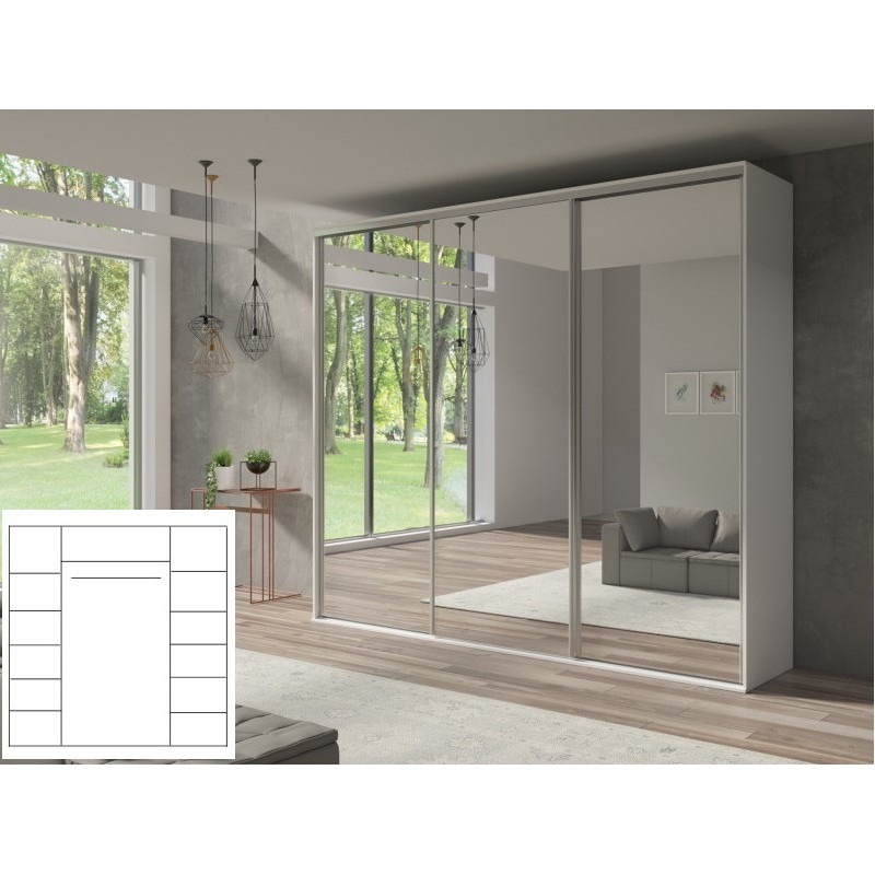 Nowoczesna szafa przesuwna z lustrzanymi drzwiami, widoczne odbicie wnętrza pokoju z szarą sofą i oknem z widokiem na drzewa. Dodatkowo, w lewym dolnym rogu schematyczny plan wnętrza szafy.