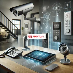 Zestaw urządzeń zabezpieczeń i komunikacji: kamera przemysłowa, wideodomofon z klawiaturą, telefon stacjonarny, panel dotykowy z interfejsem graficznym i logo AMPITO.PL, prezentowane na biurku...
