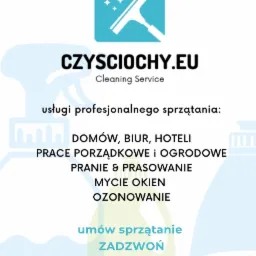 Logo firmy CZYSCIOCHY.EU oferującej usługi profesjonalnego sprzątania domów, biur, hoteli, prace porządkowe i ogrodowe, pranie i prasowanie, mycie okien oraz ozonowanie. Kontakt telefoniczny...