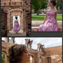 Kolaż z trzech ujęć: Kobieta w różowej sukni biegnąca przez ruiny ceglanej budowli, siedząca na murku w parku i zbliżenie profilu na tle zrujnowanego budynku.