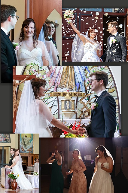 Kolaż zdjęć z uroczystości ślubnej: panna młoda rzucająca bukiet i obsypywana płatkami kwiatów, para młoda w kościele przed witrażem, pierwszy taniec z gośćmi.