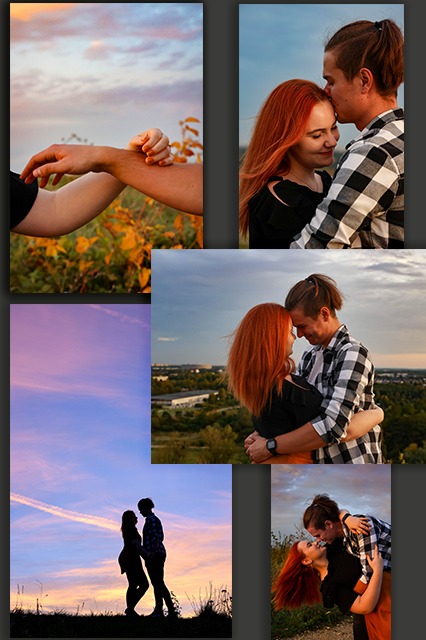 Kompozycja z kilku ujęć pary: zbliżenie dłoni na tle jesiennych liści, para obejmująca się na wzgórzu z widokiem na miasto, sylwetki zakochanych na tle zachodzącego słońca oraz para w objęciach...