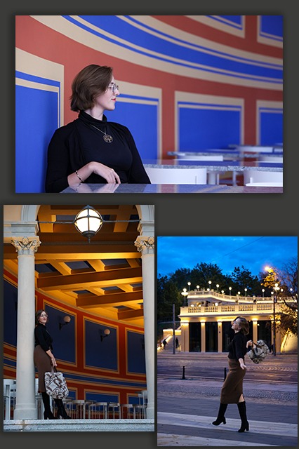 Kolaż z trzech ujęć kobiety w okularach: portret przy stole z geometrycznym tłem, pełna sylwetka przy kolumnie z torbą, i na tle oświetlonego budynku wieczorem.