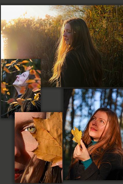 Kompozycja kilku ujęć kobiety z długimi włosami na tle jesiennej scenerii, z liściem w dłoni i zbliżeniem na oko przesłonięte liściem.