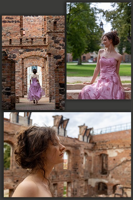Kolaż z trzech ujęć: Kobieta w różowej sukni biegnąca przez ruiny ceglanej budowli, siedząca na murku w parku i zbliżenie profilu na tle zrujnowanego budynku.